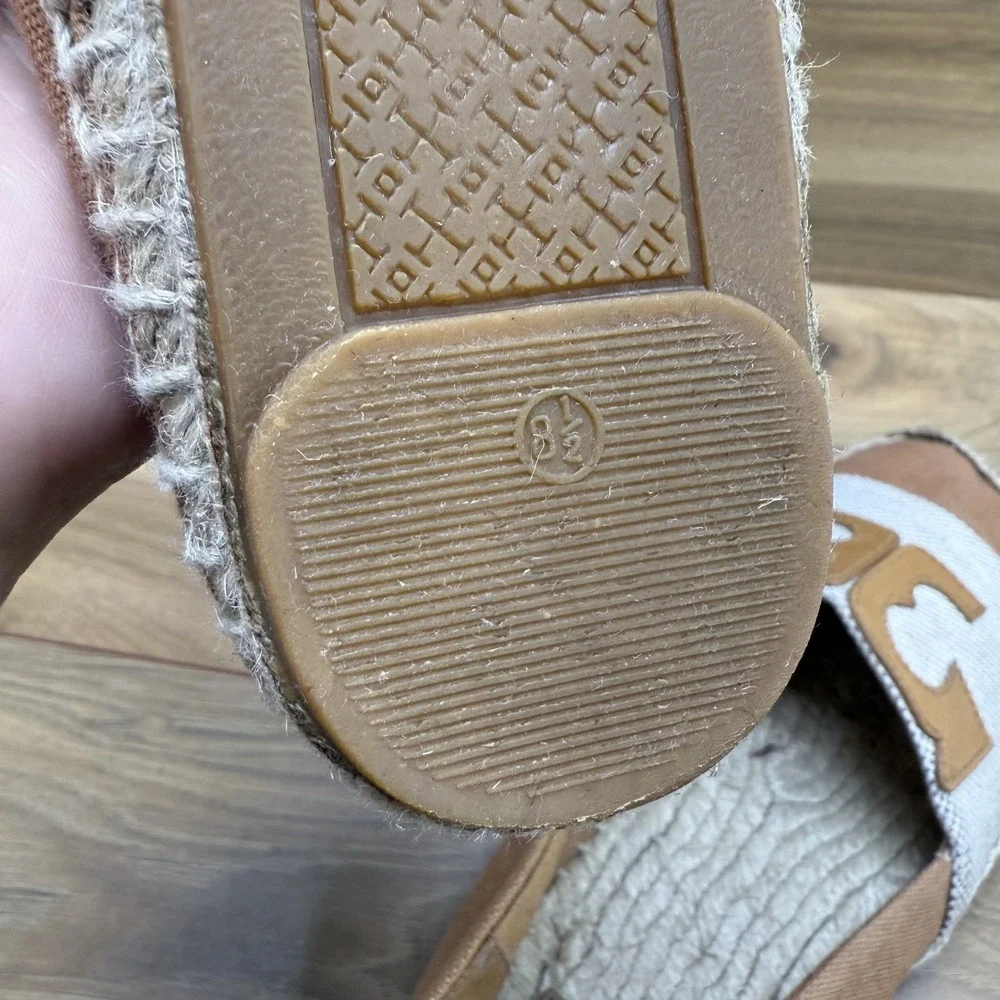 Tory Burch Cream and Tan Canvas Espadrilles with Logo Trim